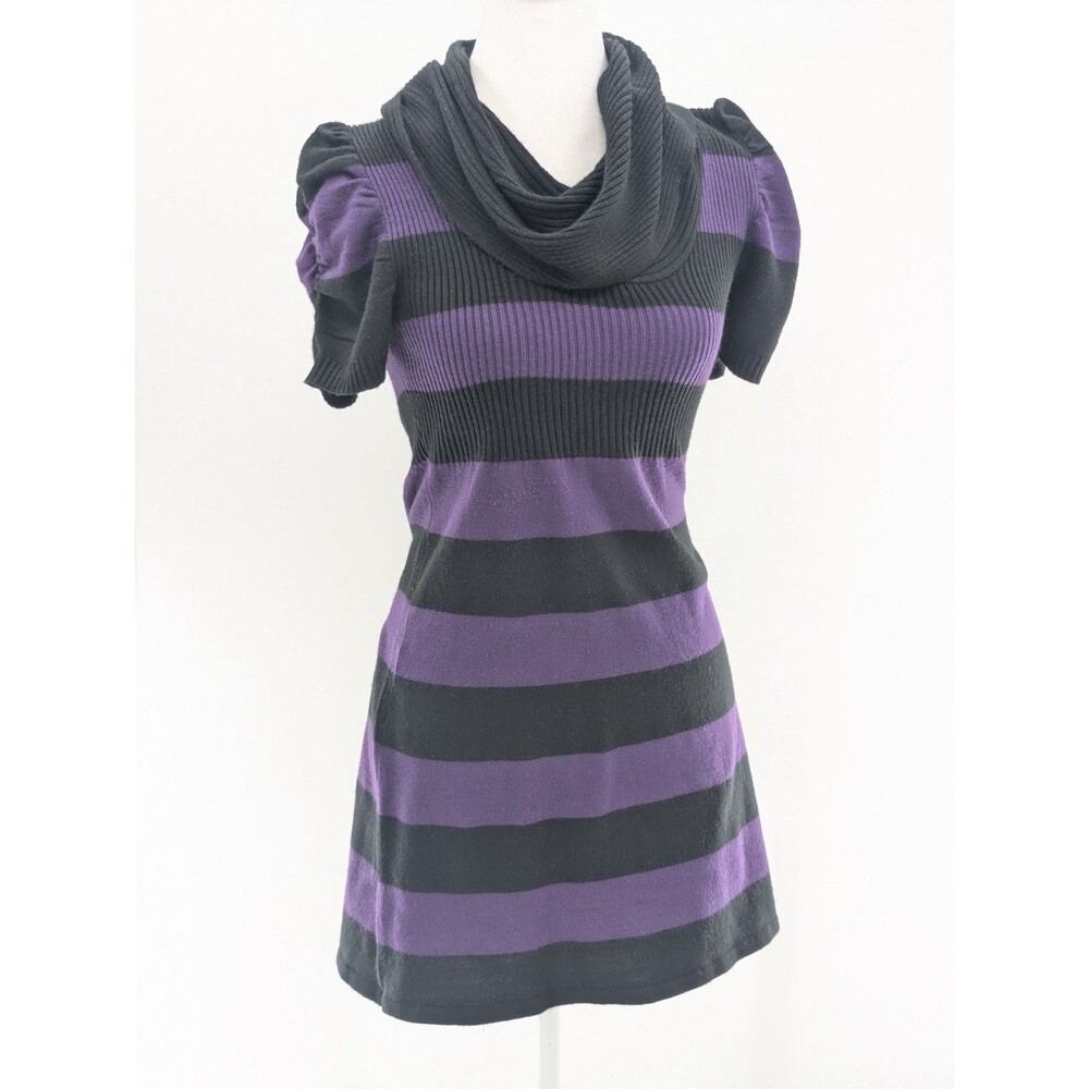 Takeout Vtg 90s Y2K Striped Purple Black Cowl Neck Ribbed Sweater Dress Size S/M